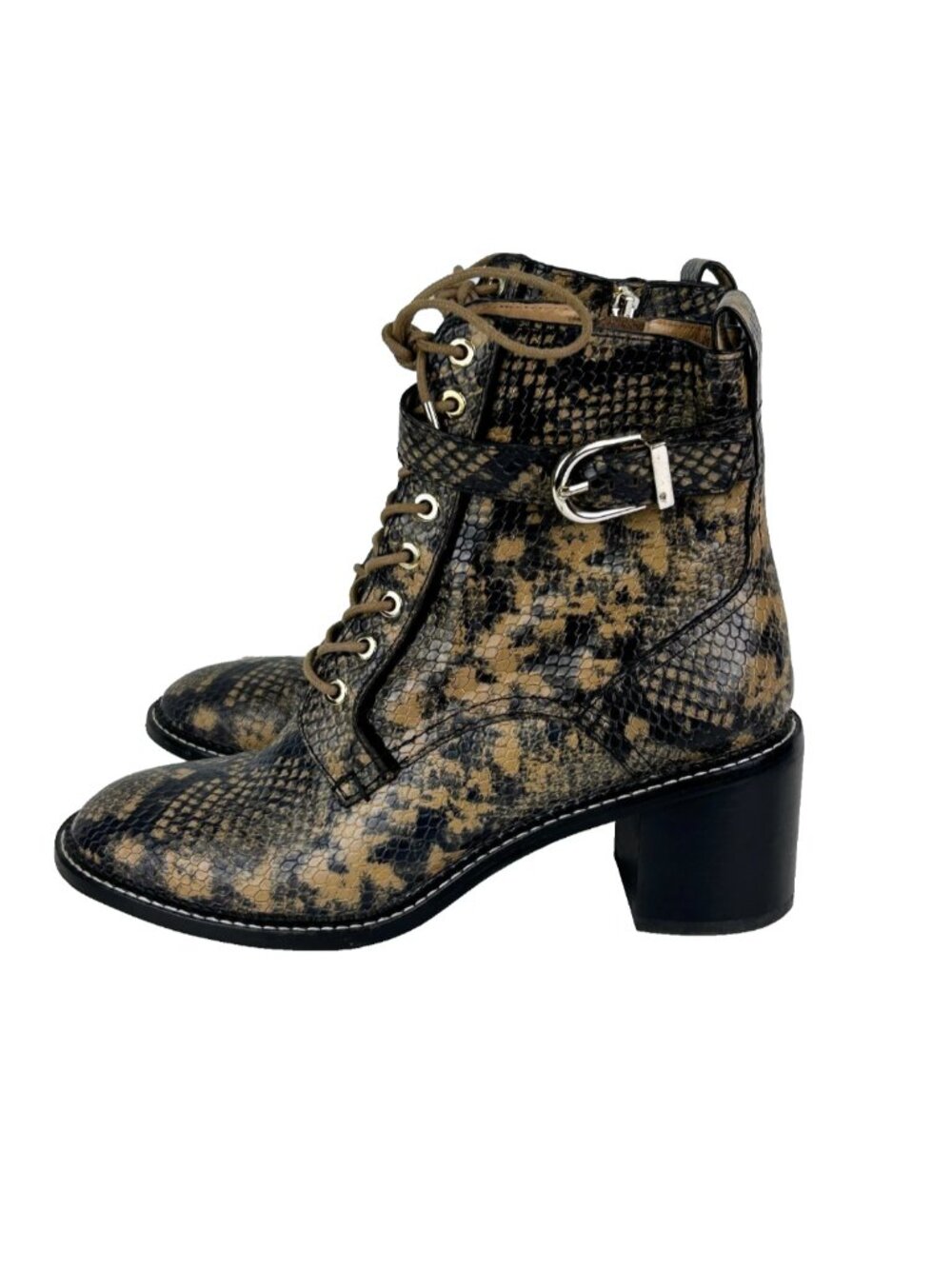 Joie Raster Ankle Booties Snake Print Python Heeled Boots Camel Combat Laces 40